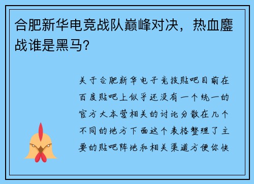 合肥新华电竞战队巅峰对决，热血鏖战谁是黑马？